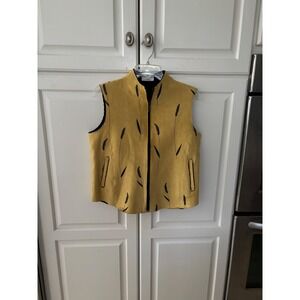 Robert Kitchen Womens Sueded Faux Fur Lined Vest Yellow Wheat Print Size S/P